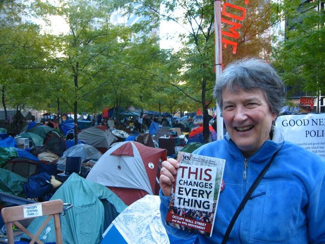 Fran Korten at Zuccotti Park in New York City with This Changes Everything